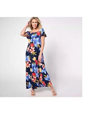 Attitudes by Renee Dress Maxi sz MT Jersey Flutter Sleeve Black Floral A637011